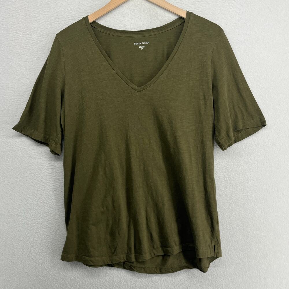 EILEEN FISHER Top S Slub Organic Cotton Jersey V-Neck Short Sleeve Green